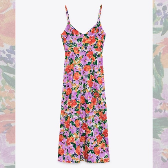 Zara NWT Linen Blend Floral Print Midi Dress - Picture 7 of 11